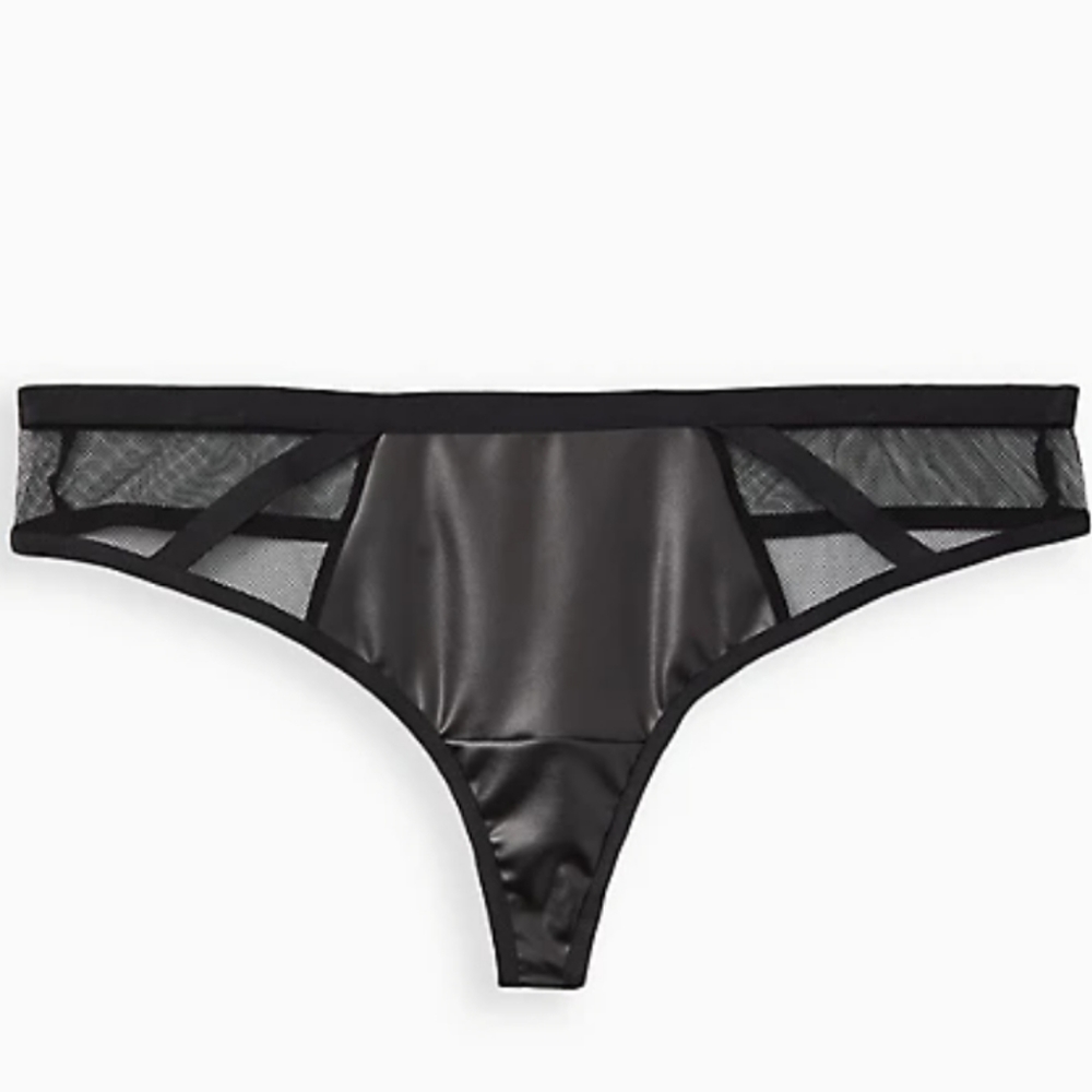 CUTOUT THONG PANTY - FAUX LEATHER & MESH BLACK